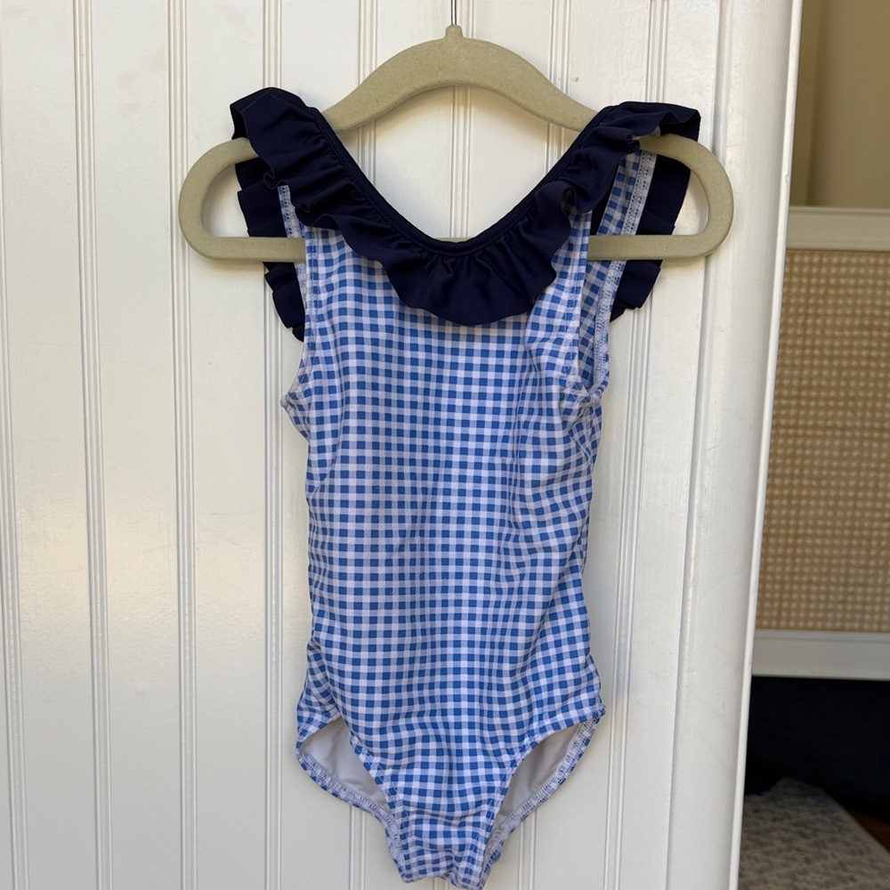 Excellent condition Minnow Blue Gingham Ruffle Swimsuit 2T